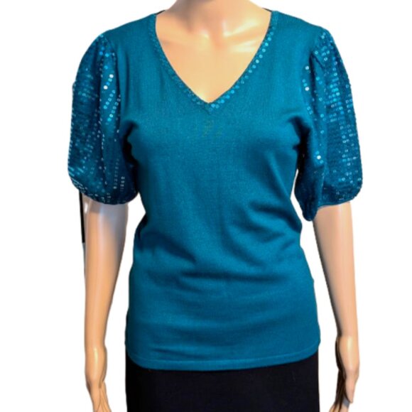 NWOT Laura Petite Sweater Top with Sequin Accents and Puff Sleeves - Picture 7 of 7